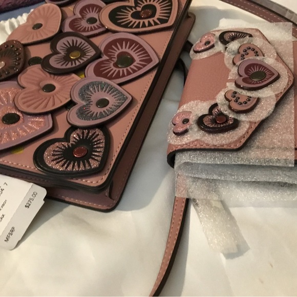 NWT Coach Dusty Rose Heart Fold-over Crossbody Clutch & RARE Matching Wallet Set - Picture 4 of 16